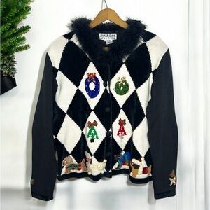 JACK B. QUICK Vintage 90s Christmas Novelty Holiday Feather Collar Cardigan